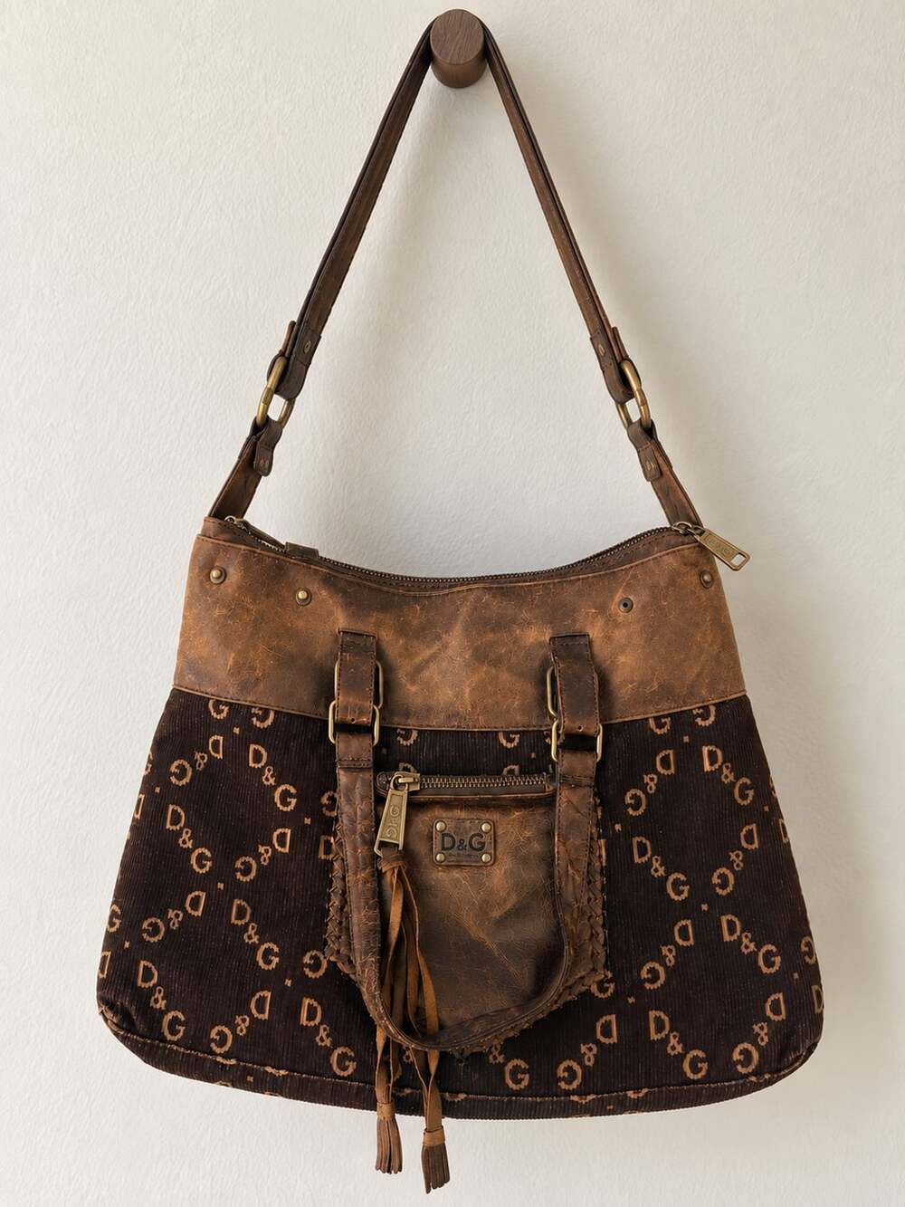 Dolce & Gabbana D&G Brown Corduroy & Distressed Leather Tote Bag
